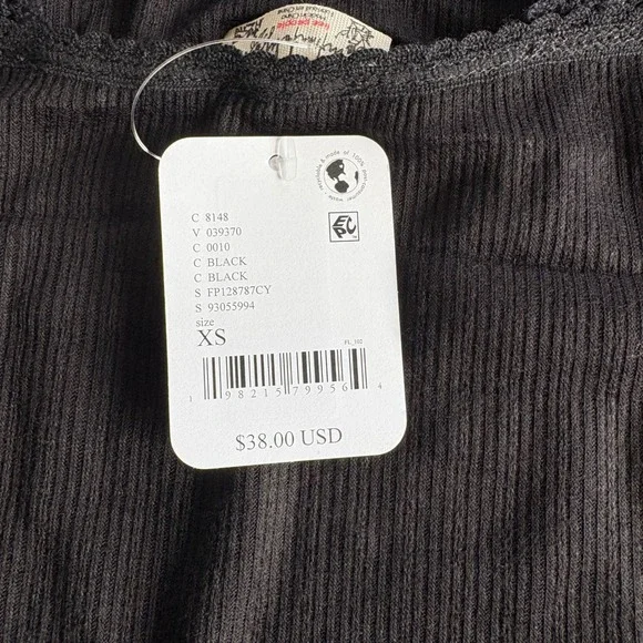 Intimately Free People Only You Black Ribbed Lace Trim Cami Tank Top XS NEW - Picture 3 of 6